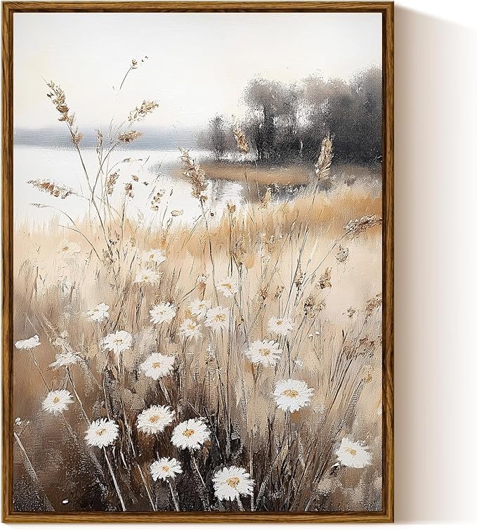 InSimSea Framed Canvas Wall Art for Living Room Landscape Wall Decor Meadow with Flowers Vintage Paintings Classical Wildflower Field Scene Boho Floral Pictures Decor for Bathroom Bedroom 12x16in