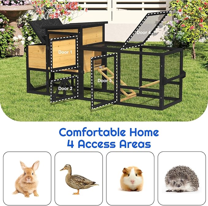 80'' Chicken Coop with Nesting Box, Outdoor Duck Coop, Chicken House for Outside, Wooden Chicken Coops with Run & Waterproof Asphalt Roof, Wheels, Removable Tray and Hanging Chicken Feeder