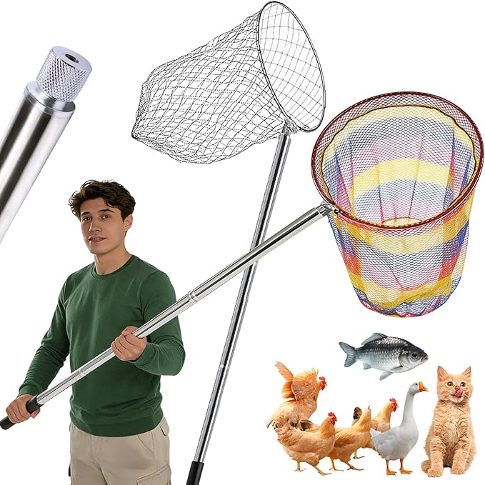 2 Sets Chicken Catching Net with 2 Poles 2 Nets Extra Durable Fishing Net for Adult Poultry Catcher Net Thickened Adjustable Stainless Steel Catching Poles Sets for Chick Goose Ducks Fish Birds