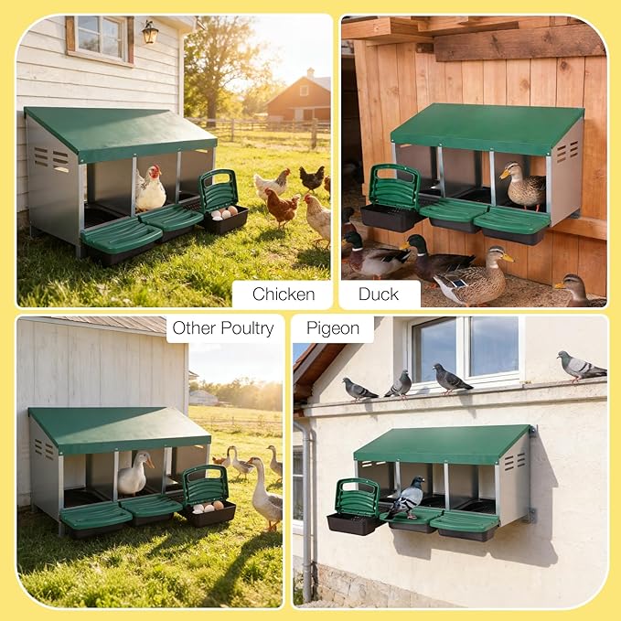 Aivituvin Chicken Nesting Box, 3 Compartments Chicken Egg Laying Box, Metal Nesting Boxes with Swing Perch for Chickens, Roll Away Egg Collection for Chicken Coop (Green)