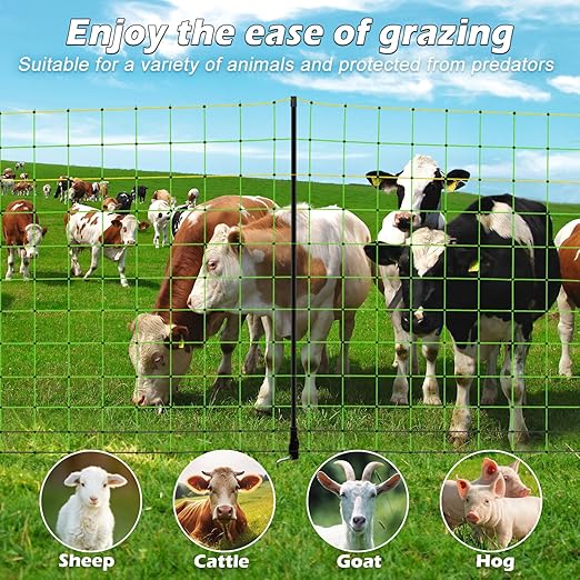 Electric Fence Netting,Livestock Neting,49.6" x 164' Portable Electric Net Fence for Goats,Sheep, Lambs,Hogs in Backyards,Farms,Ranches,Homesteads and Gardens,(14 Posts, 2 Spikes,Green)