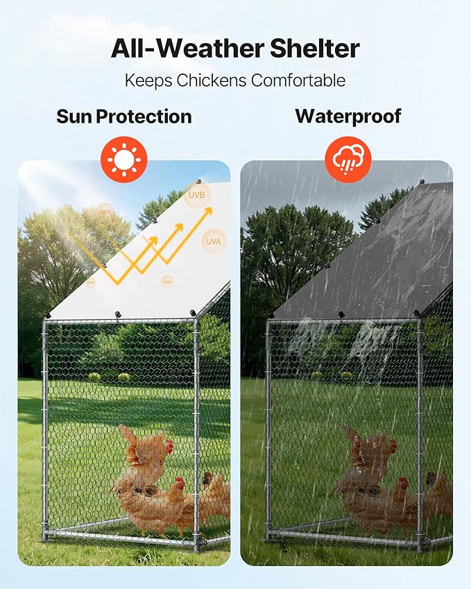 VEVOR Large Metal Chicken Coop,9.8 x 3.3 x 6.6 ft, Walk-in Chicken Run House with Waterproof Cover & Sturdy Frame, Spire Roof Poultry Cage Duck Pen for Rabbit Hen Goose Outdoor Backyard Farm Use
