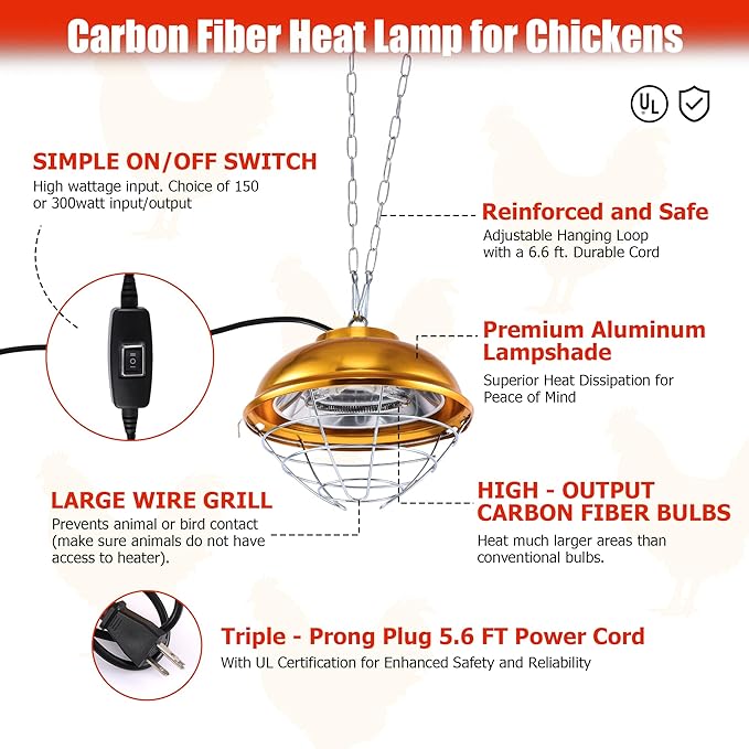 Chicken Coop Heater, 300W Heat Lamp for Chickens, Dual Temperature, Carbon Fiber Heating Coil, with Spare Heating Coil, Aluminum Alloy Shade & 6.6' Hanging Chain, Chicken Heat Lamp for Winter