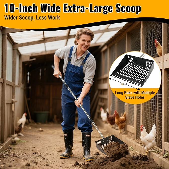 PETNF 2-in-1 Chicken Poop Scooper & Rake with Ergonomic Non-Slip Handle, Adjustable Stainless Steel Handle (30–80"), Large Capacity Basket, Multifunctional Heavy-Duty Scooper, Easy to Install & Clean