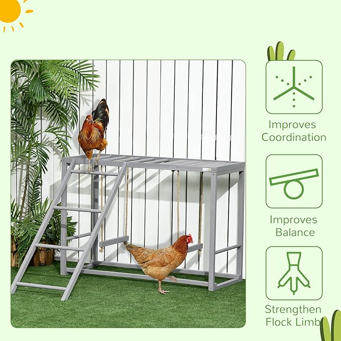 PawHut Chicken Activity Play with Swing Set for 3–4 Birds, Wooden Chicken Coop Accessory with Multiple Perches & Hen Ladder, Gray