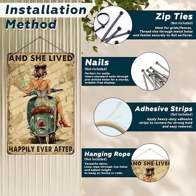 And She Lived Happily Ever After Motorbike Ancient Bike Metal Wall Art Metal Signs For Decor Vintage Wall Decor 12x8 Inch