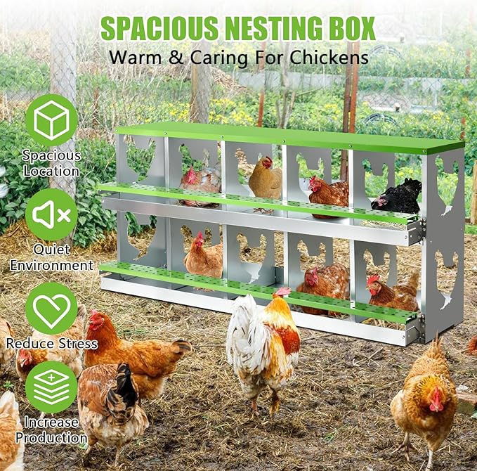 Chicken Nesting Box for Laying Eggs,10 Hole Roll Away Nesting Boxes,Chicken Laying Boxes with Large Vented Holes,Wall-Mountable Chicken Coop Nesting Boxes,Metal Laying Boxes for Hens,Ducks(Green)