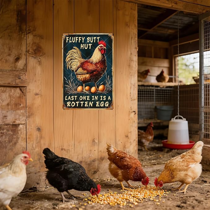 Chicken Metal Tin Sign and Egg Poster Fluffy Butt Hut Vintage Tin Sign for Family Kitchen Bar Farm Garden Wall Plaque 16x12 Inch