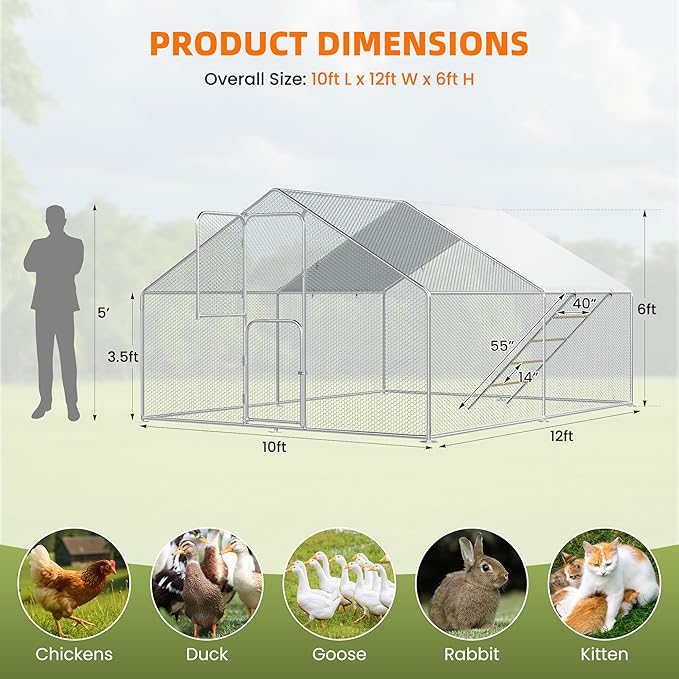 UDPATIO Large Metal Chicken Coop, Spacious Walk in Run Pen for 10-20 Chickens with Double Feed Door, UV-Resistant Cover, Galvanized Frame - Duck & Rabbit Hen House