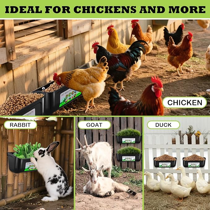 5 Pack Chicken Feeder, Duck Feeder Supplies, Hanging Fence Feed Trough with Clips for Goat, Sheeple, Piglet, Gooses, Turkeys, Dog Livestock Poultry, 8 Quarts in Total, Feed Scoop Included, Black