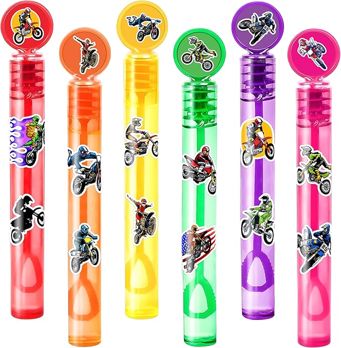 24PCS Dirt Bike DIY Bubble Wands with 96PCS Stickers - Party Favor for Goodie Bags, Pinata Stuffers, Mini Bubble Bulk Farm Birthday Supplies, Toys Gifts, Class Prizes for Toddlers, Boys & Girls