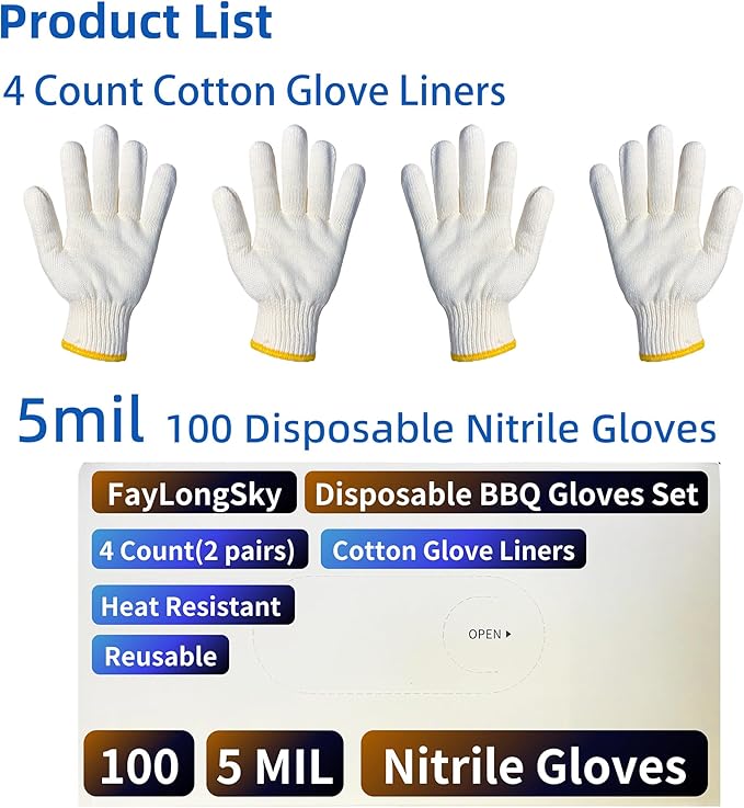 BBQ Gloves Disposable Heat Resistant - 4 Reusable Cotton Liners & 100 Nitrile Gloves for Barbecue Smoker, Grilling, Cooking Hot Meat, Food Prep - 5Mil, Non-Slip Grip, Black X-Large