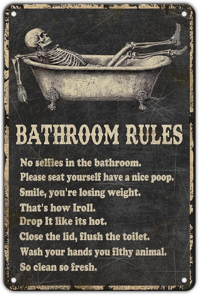 Funny Skull Bathroom Rules Metal Tin Sign Wall Decor - Vintage Bathroom Quote Tin Sign for Toilet Restroom Washroom Home Decor 12x8 Inch