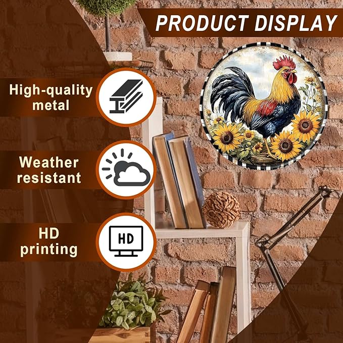 Chicken Round Metal Tin Sign Wreath Rustic Farm Rooster Animal Vintage Wall Art Decor for Home Kitchen Bar Decor 12x12inch