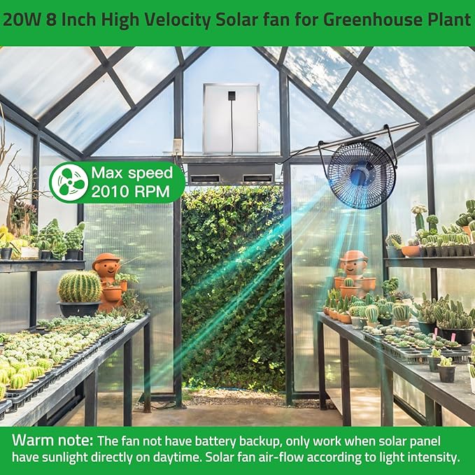 8" Solar Fan for Outdoor Greenhouse, Chicken Coop, Pet House, Shed Air Circulation Cooling, 20W Solar Powered with 16.4 FT Long Cord, 2010 RPM High Velocity