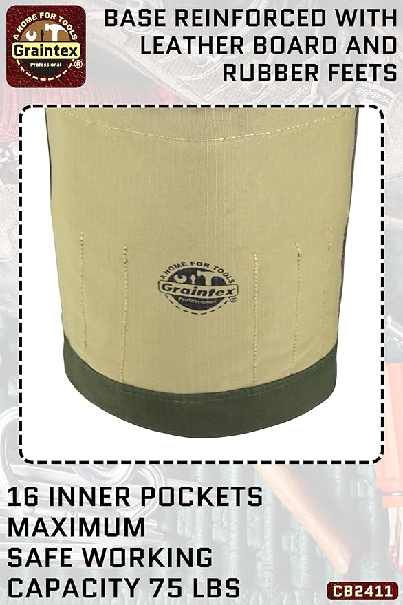 Graintex Tapered Canvas Bucket 12"x10"x15", Utility Tool Bucket 16 Inside Pockets, Reinforced Base & Carry Handle, Ripstop Canvas, Multi-Purpose Bag for Jobsite & Home Use for Tool Storage Solutions