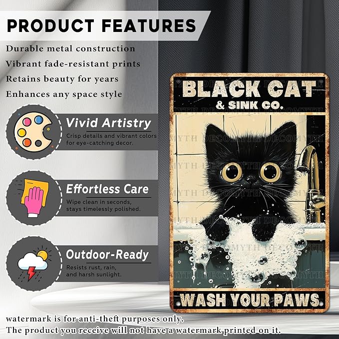 Vintage Black Cat Tin Sign Wash Your Paws Retro Wall Decor Decorations for Home Funny Cats Lovers Poster Indoor Store Cafe Toilet Bathroom Restroom Bar Pubs Farmhouse Farm Shop 12 * 8inch