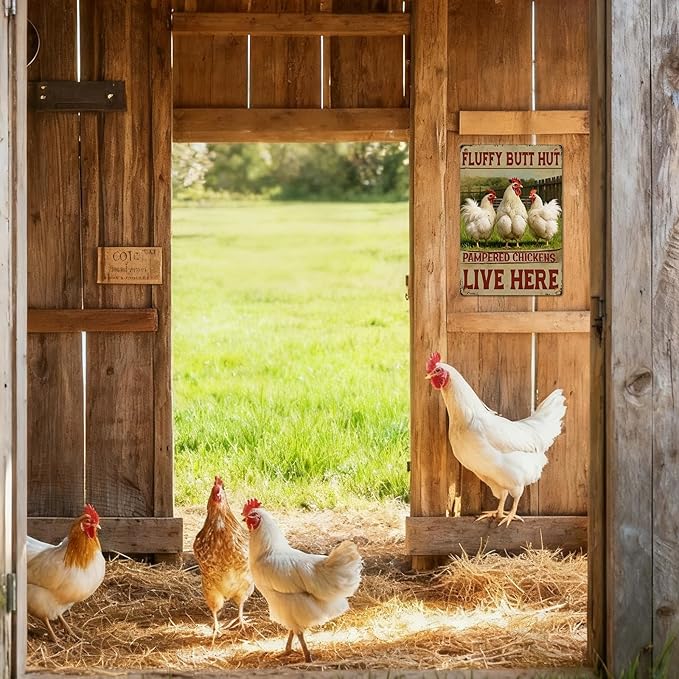 Chicken Decor Metal Signs Funny Chicken Coop Signs Rooster Decor Farmhouse Wall Art Sign Fluffy Butt Hut Pampered Chickens Live Here Tin Sign for Farm Kitchen Garden, Farm Style Gift, 12x8 Inc