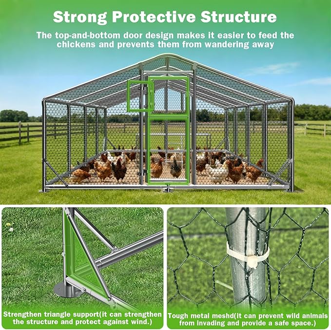 10x26FT Metal Chicken Coop, Dutch Door Chicken Run with Chicken Perch, Cover and Hardware Cloth, Walk in Duck Pen for Backyard Poultry and Pet Farming