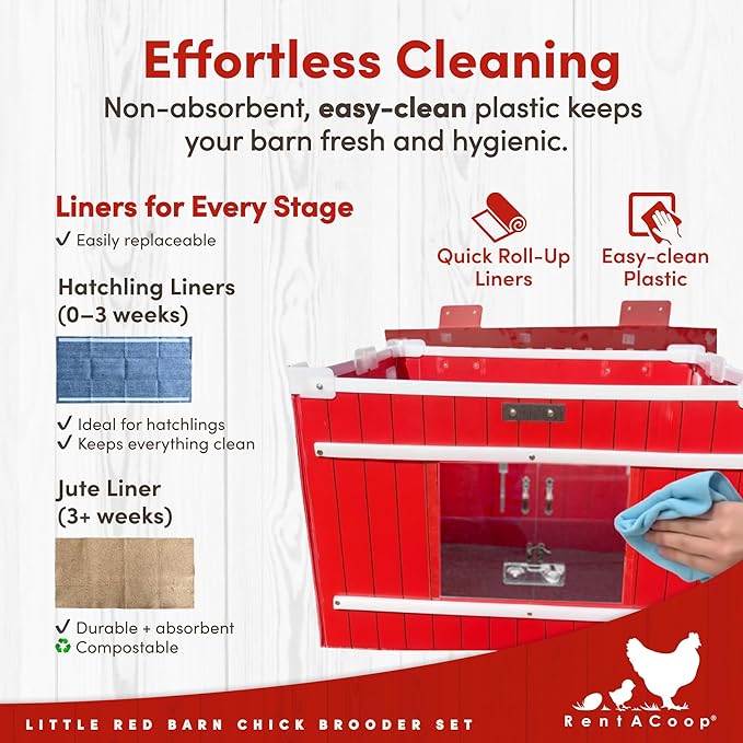 RentACoop Little Red Barn Chick Brooder Set | Durable, Lightweight, Easy-Clean, Multipurpose | with Heating Plate, Feeder, Waterer, Absorbent Hatchling Liners, Jute Liners, LED Light, Security Latch