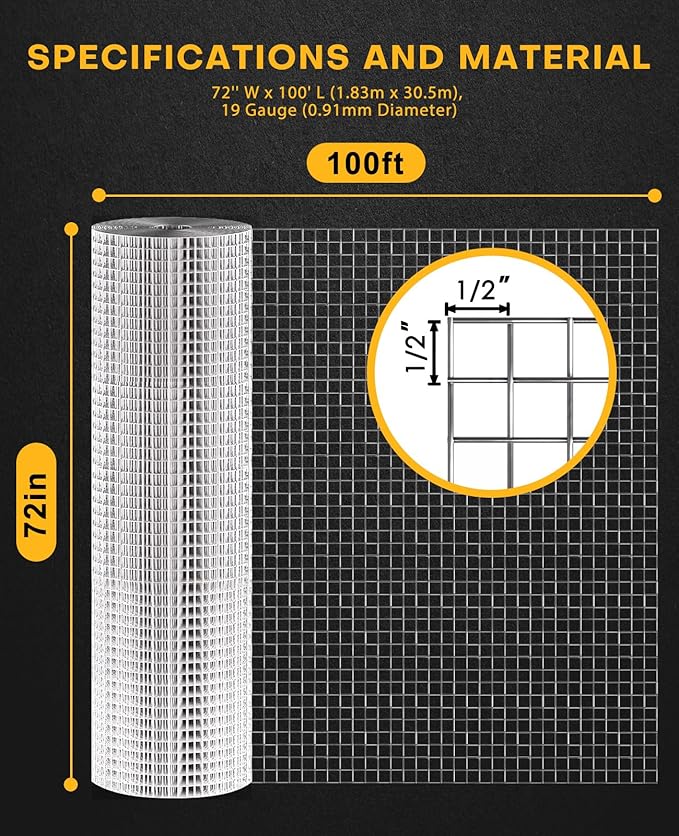 Galvanized Hardware Cloth - 1/2'' Mesh, 72'' W x 100' L, Superior Rust Prevention, Easy to Cut, Ideal for Chicken Coops, Dog Fences, Garden Applications & DIY Projects