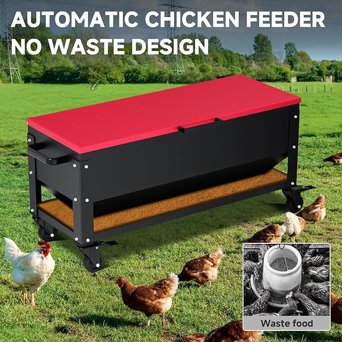 Heavy Duty Chicken Feeder 120 lbs Large Capacity, Metal Automatic Poultry Feeding Box with Waterproof Lid, Raised Standing Feeder with Wheels for Hens & Roosters, Portable & Easy to Move