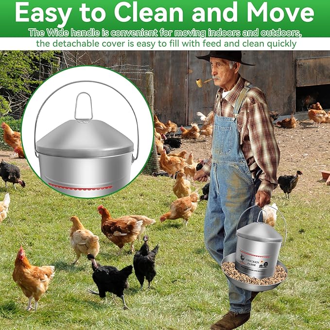 17.6 Lb Stainless Steel Poultry Feeder, Automatic Chicken Feeder No Waste, Hanging Chicken Feeder Heavy Duty Reliable Long-Lasting with Handle, Top Filled