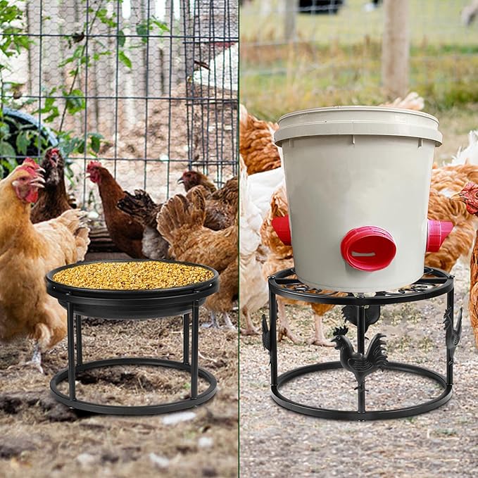 Metal Stand for Chicken Feeder Waterer, Heavy Duty Poultry Water Feeder Stand Holder with Basin, Rustproof Iron Chicks Feeding Buckets Support Shelves for Cat Dog Bowl Indoor Outdoor