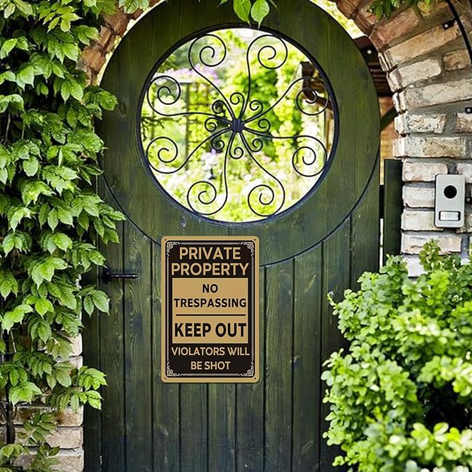 No Trespassing Signs Private Property - Metal Tin Warning Sign for Home Security, Yard, Fence, Funny Keep Out Violators Will Be Shot Signs Decor 8x12 Inch