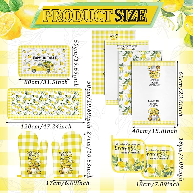 10 Pcs Lemon Kitchen Dish Towels Rugs Oven Mitts and Pot Holders Set Farmhouse Kitchen Decor Set for Women Mom Daughter Gift Cooking Baking Grilling (Fresh Yellow)