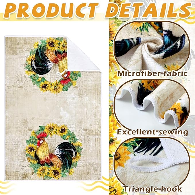Bencailor 6 Pcs Farmhouse Kitchen Towels Chicken Rooster Kitchen Decor Farm Animal Hand Towels for Cooking Baking Housewarming Gift,15.75 x 23.62 inch(Yellow,Sunflower Chicken)