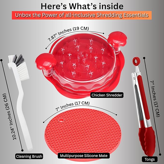 Chicken Shredder Tool Twist Large – Visible Meat Shredder for Chicken Breast with Cleaning Brush & Tong, BPA-Free Non-Slip Base, Ergonomic Handle, Heat Resistant & Dishwasher Safe (Red)