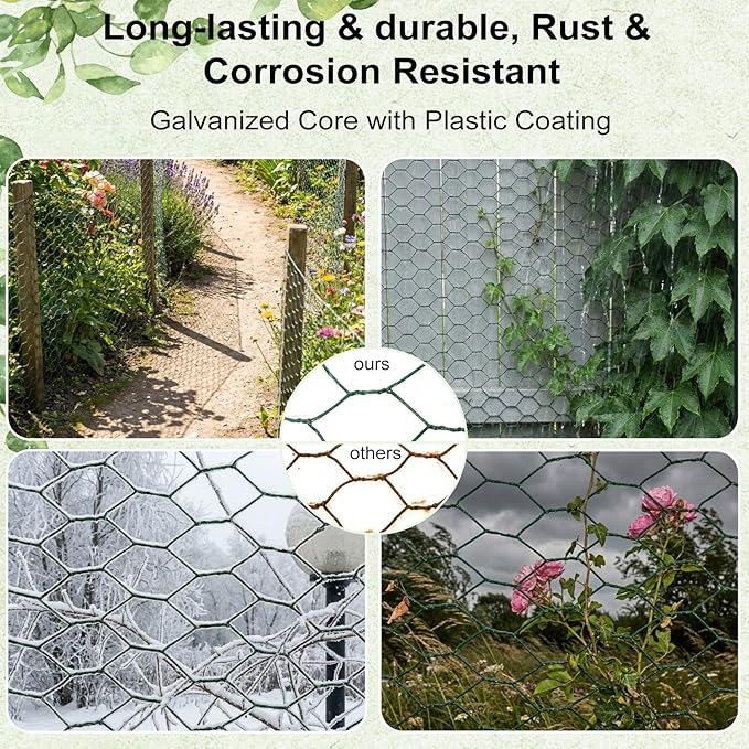 Chicken Wire for Floral Arrangements 15.7 x 157 in, Green PVC Coated Hexagonal Netting, Rust-Proof Garden Fence for DIY Crafts & Plant Protection, Ideal for Florists, Crafters & Gardeners