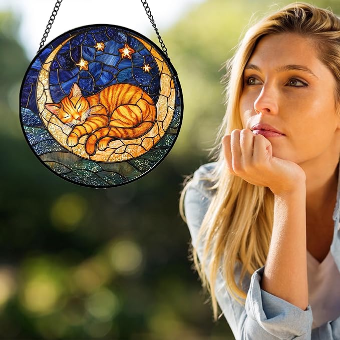Stained Glass Window Hanging - Orange Moon Sleeping Cat Sun Catcher for Door Home Decor Blue Starry Sky Suncatcher Christmas Mother's Day Birthday Gifts for Women Men Mom Nana 6.3 in