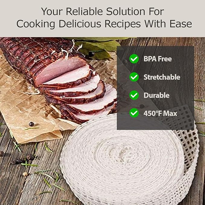 The Sausage Maker® 50ft Meat Netting Roll Size 28, Elastic Butchers Twine Cooking String Food Net For Large Bologna, Chicken, Ham, Roasts, USA Made, BPA Free Stretchable Poly-Cotton Mesh, 8.5" Dia