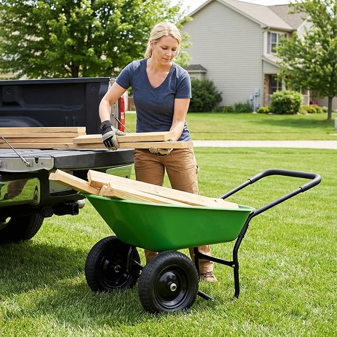 IRONMAX Dual-Wheel Wheelbarrow, Heavy Duty Wheel Barrel with All-Terrain Wheels, 330 LBS Utility Yard Cart with Built-in Stand, Outdoor Gardening Carts for Lawn, Farm, Planting (Light Green)