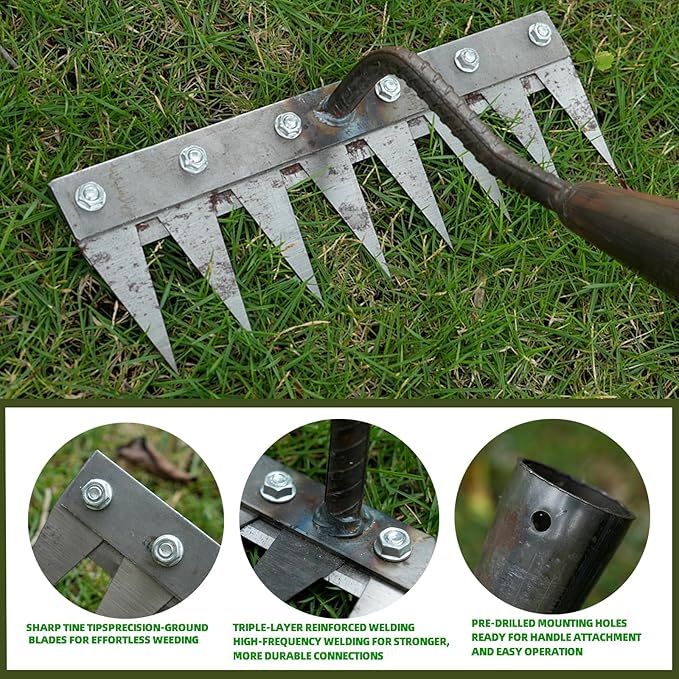 Weeding Rake for Gardening, Gardenia Iron Rakes for Backyard, Lawn, Small Farm, Rake with Sharp Metal Teeth，Heavy Duty Garden Tool for Weeding Without Handles (8 Tines)