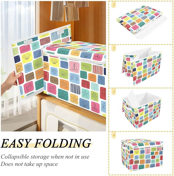 Colorful Sea Marine Theme Squares Storage Bins with Lids Foldable Storage Basket with Handles Collapsible Large Fabric Organizer Containers for Clothes Shelves Closet Office Home