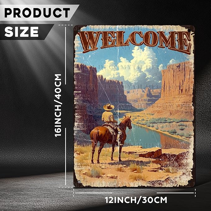 Vintage Cowboy Tin Sign Welcome Retro Wall Decor Nostalgic Art Funny Metal Poster Bedroom Store Cafe Toilet Kitchen Bar Office Living Room Pubs Shop Farmhouse Man cave 12 * 16inch