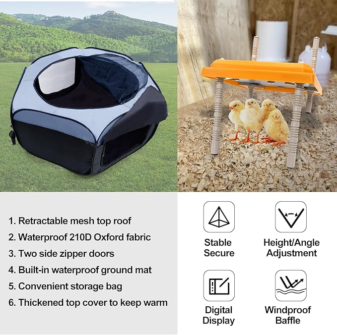 Brooder Box for Chick Starter Kit, Baby Chicken Brooder Pen/Playpen/Tent Pop-Up, Perch Up to 17 Chicks, Kit with Adjustable Heating Plate, Storage Bag, Top Cover, Fixed Pegs, Waterproof Mat, Blue