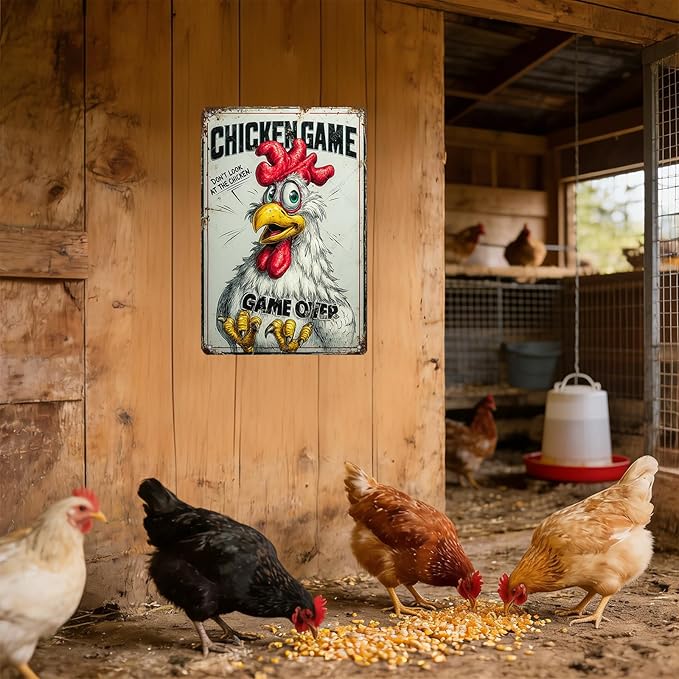 Funny Chicken Game Tin Sign Plaque Metal Poster Home Kitchen Garden Restaurant Farm Wall Decor 16x12 Inch