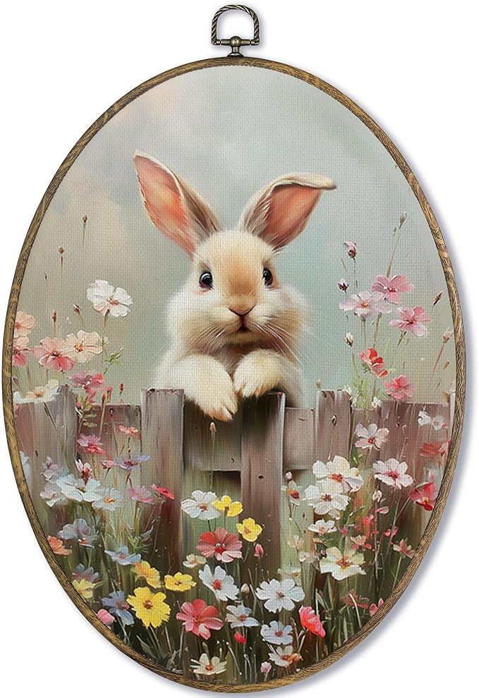 Fewgb Rustic Bunny Floral Oval Wall Art Decor Framed for Rabbit Lovers Gifts, Easter Bunny Canvas Wall Art Prints Picture, Farmhouse Cottagecore Hanging Room Decor Artwork for Nursery Gallery 9x12