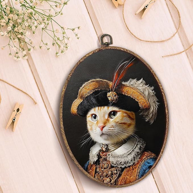 Hxlac Victorian Cat Oval Wall Art Framed, Vintage Cat Oval Wall Decor, Cottagecore Farm Animal Hanging Canvas Prints Wall Sculptures for Home Living Room Bedroom Decor, 8.5x11.5 Inch