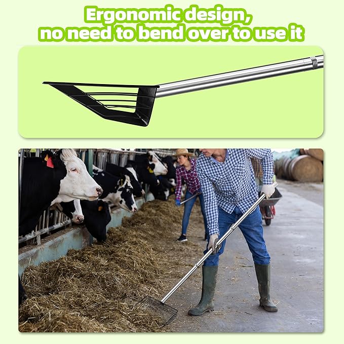 Jusoney 10" Stainless Steel Manure Scoop w/4-in-1 Adjustable Handle (35"-62"), Ergonomic Sifter Shovel for Chicken Coop, Cat Litter, Pet Waste Cleaning Tools