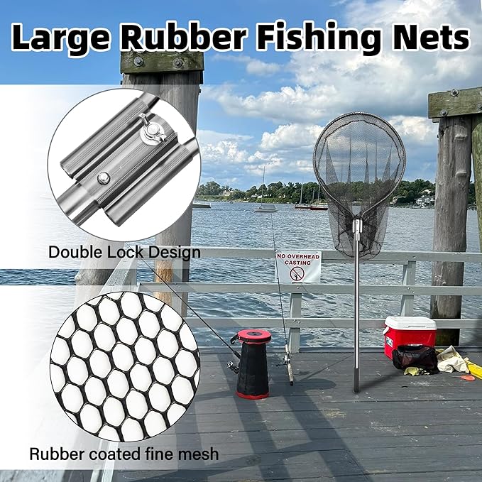Heavy Duty Extra Large Rubber Fishing Net - Aluminum Telescoping Handle (67-100in), 20in Net Opening for Saltwater Fishing