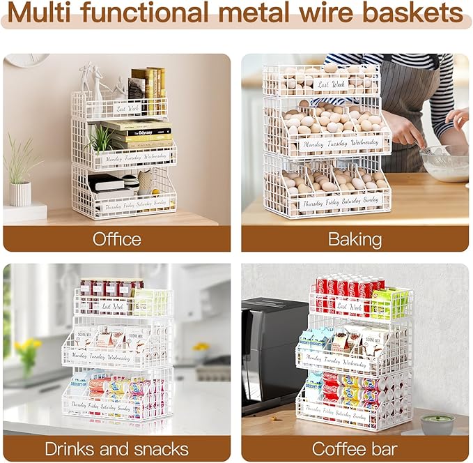 Egg Holder Countertop with 3 Dividers & Labels, 1 Tier Stackable Chicken Egg Baskets for Gathering Fresh Eggs in Small Space, Low Egg Organizer for Storage, Wall-Mounted, White