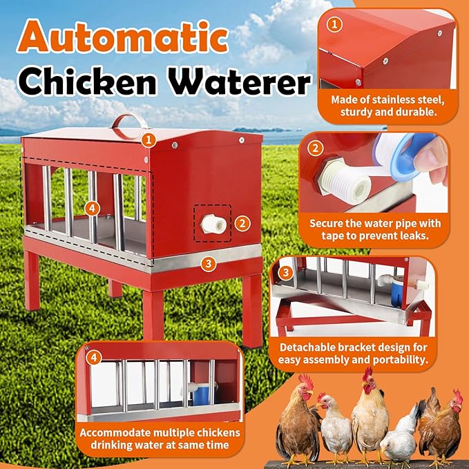 Automatic Chicken Waterer Stainless Steel Poultry Waterer No Waste with Float Valve Kit Bottom Bracket Chicken Watering System for Chicken Duck Goose Pigeon