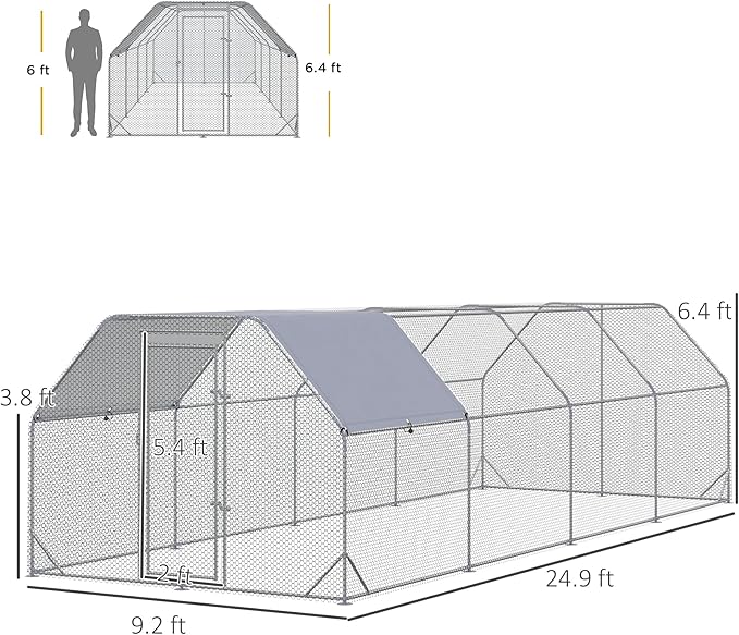 PawHut Large Chicken Coop Metal Chicken Run with Waterproof and Anti-UV Cover, Flat Shaped Walk in Fence Cage Hen House for Outdoor and Yard Farm Use, 1" Tube Diameter, 9.2' x 24.9' x 6.4'
