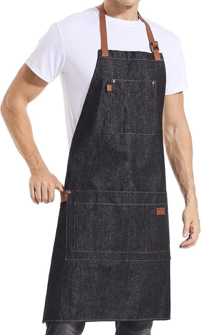Denim Apron with Pockets Tall Bib Apron Large with Long Ties Adjustable - Gifts for Men Women