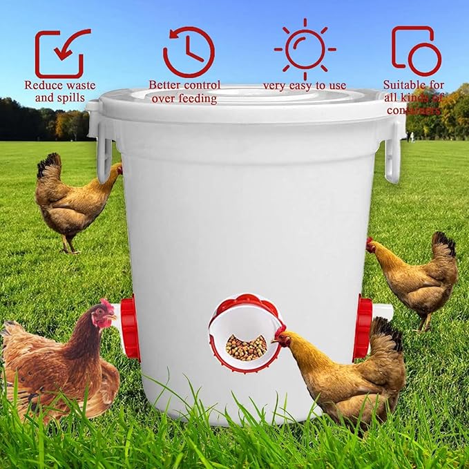 DWYIZMOT Chicken Feeder No Waste, Rain-Proof Poultry Automatic Feeder with Lid Gravity Feeding Kit 4 Ports -1 Holes Saw Buckets, Buckets, Boxes and Slots